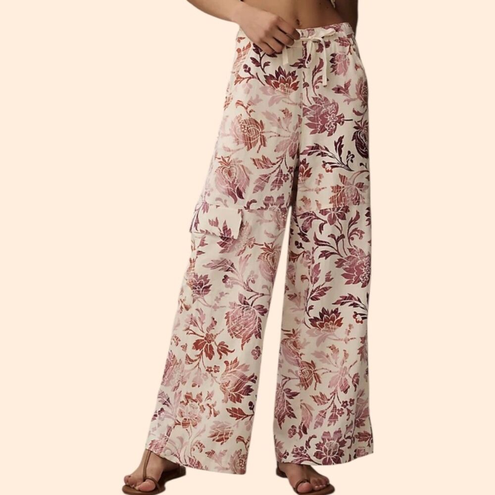 Anthropologie Cream Wide-Leg Floral Pants with Pink & Brown Print